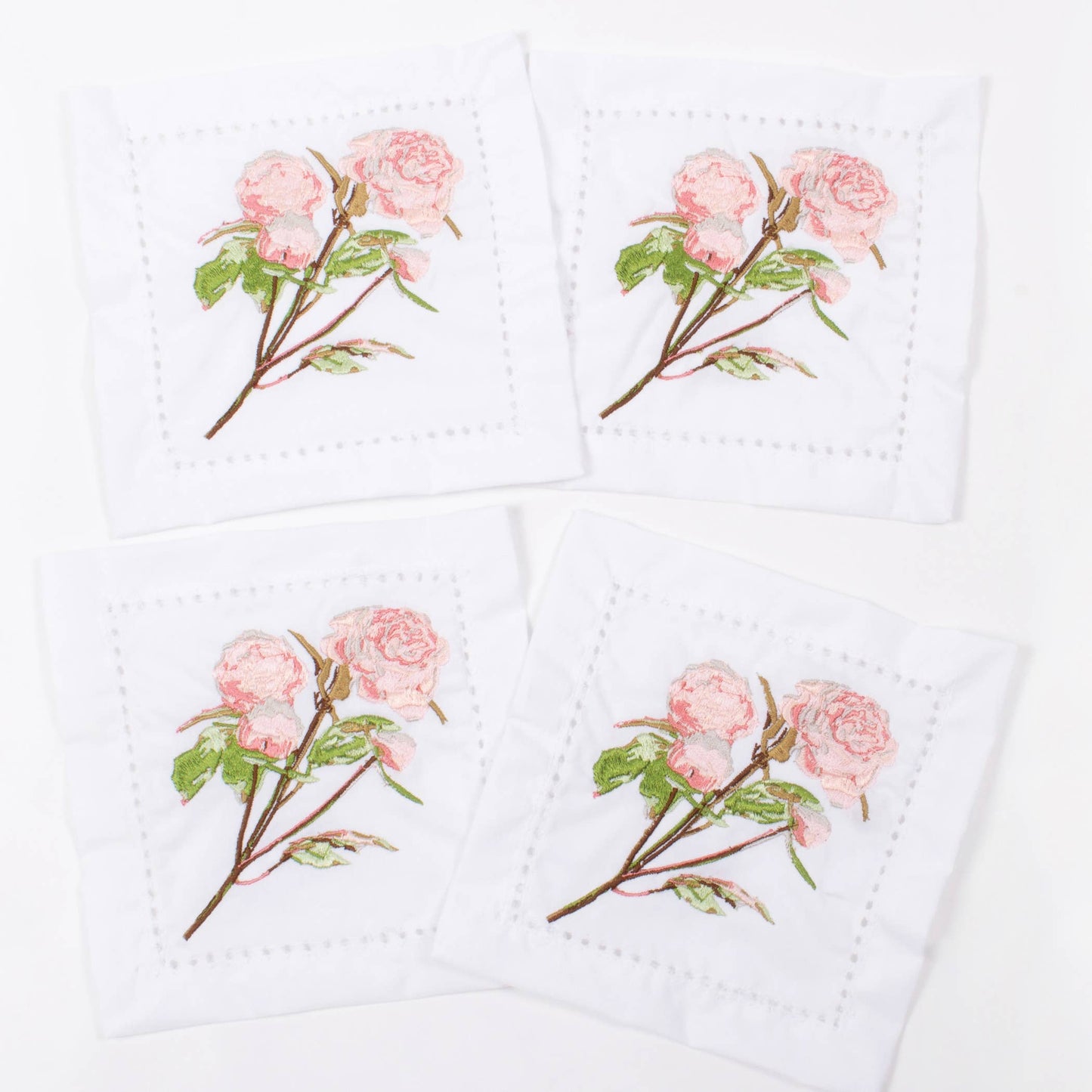 Peonies Embroidered Cocktail Napkin Set